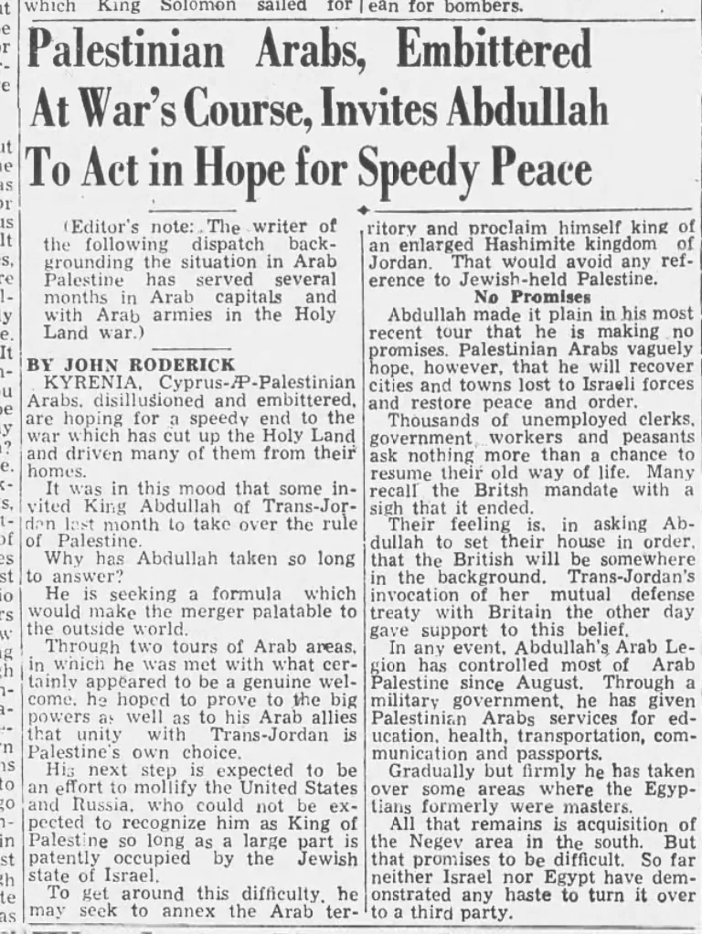 Palestinian Arabs, Embittered At War’s Course, Invites Abdullah To Act in Hope for Speedy Peace — Sun Journal, 11 January 1949