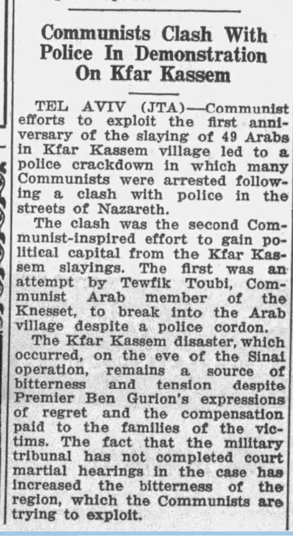 Communists Clash With Police In Demonstration On Kfar Kassem — Buffalo Jewish Review, 8 November 1957