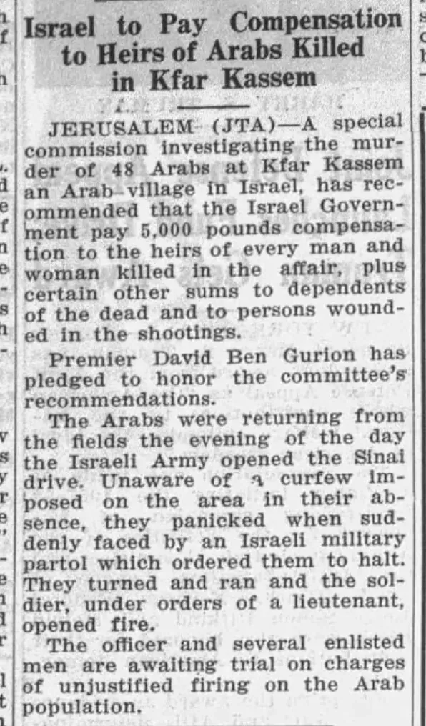 Israel to Pay Compensation to Heirs of Arabs Killed in Kfar Kassem — Buffalo Jewish Review, 22 November 1957