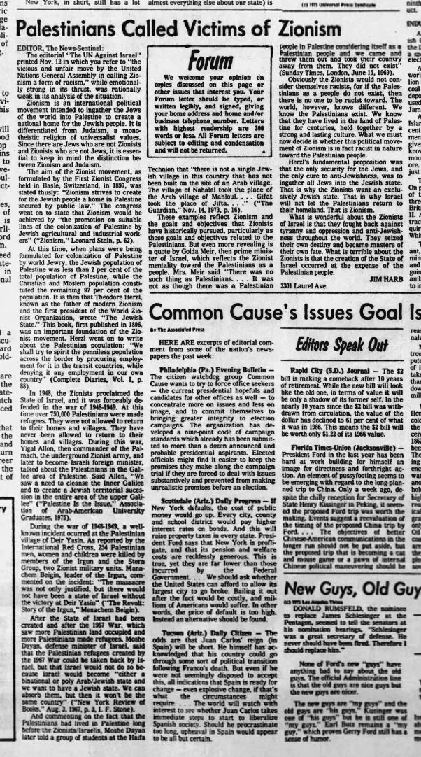 Palestinians Called Victims of Zionism — Knoxville News-Sentinel, 19 November 1975