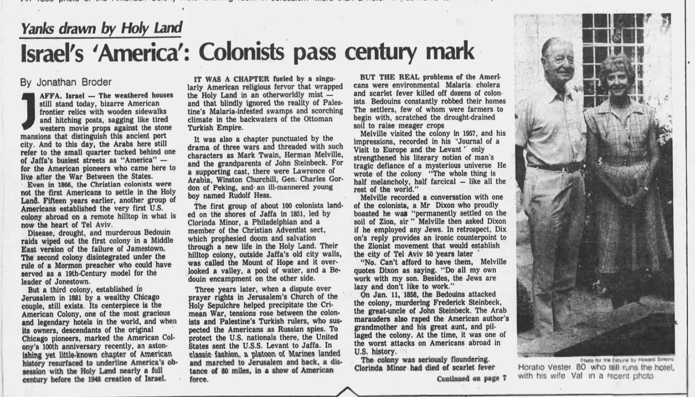 Israel's 'America': Colonists pass century mark — Chicago Tribune, 10 November 1981