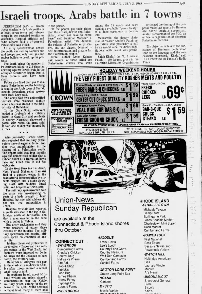 Israeli troops, Arabs battle in 7 towns — The Republican, 3 July 1988
