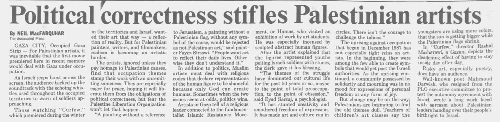 Political correctness stifles Palestinian artists — The Record, 2 April 1994