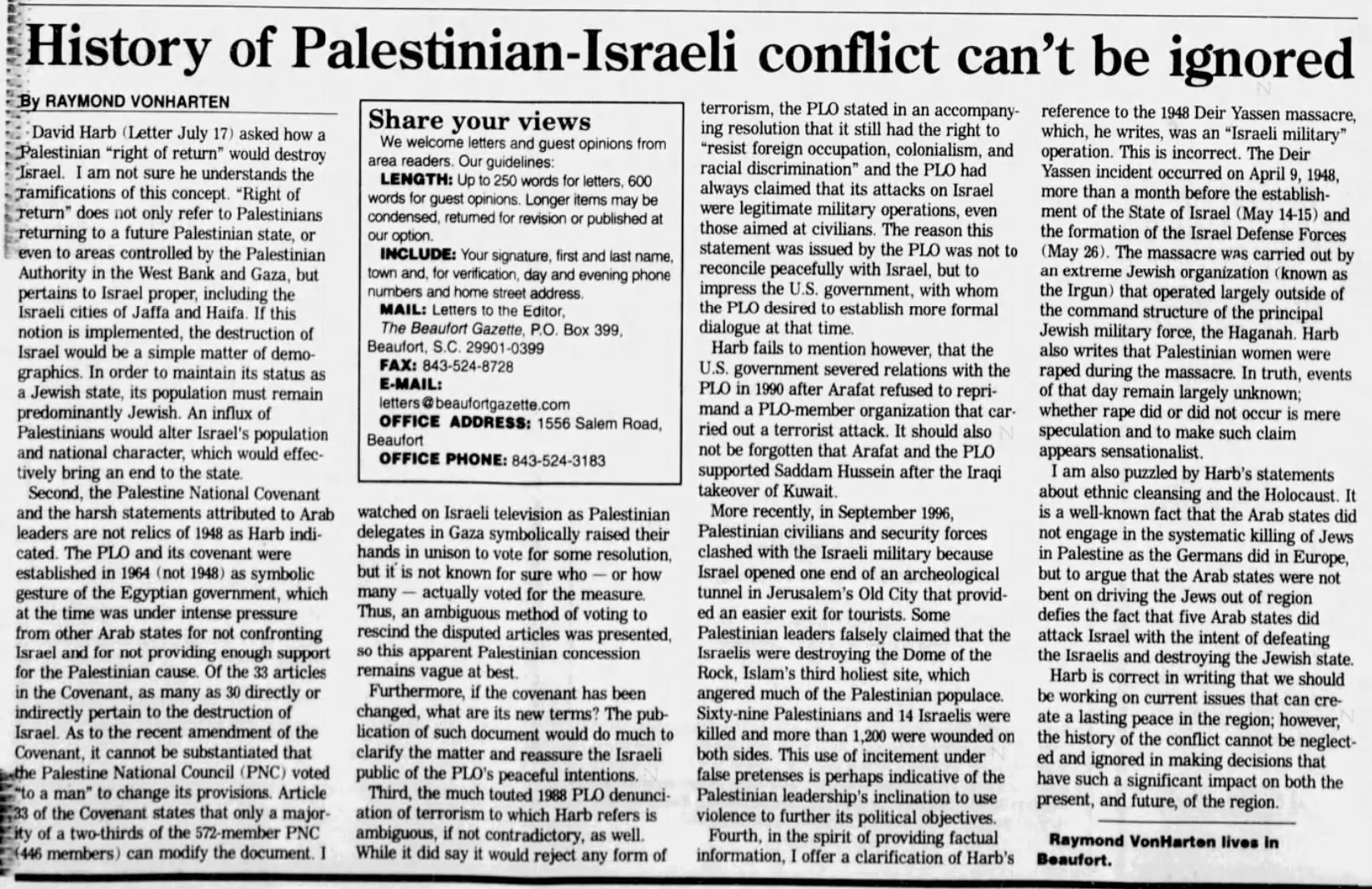 History of Palestinian-Israeli conflict can't be ignored &mdash; The Beaufort Gazette, 16 August 1999