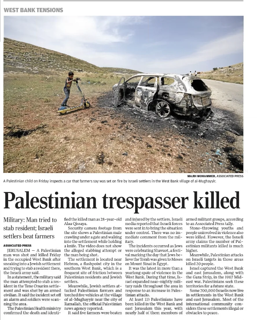 Palestinian trespasser killed &mdash; Lincoln Journal Star, 27 May 2023