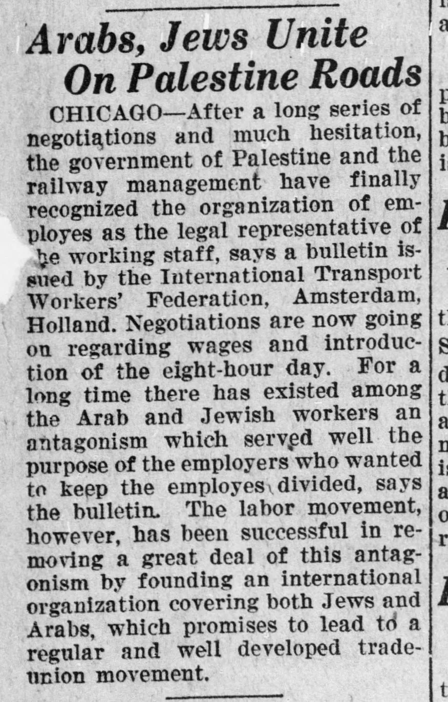 Arabs, Jews Unite On Palestine Roads &mdash; The Milwaukee Leader, 23 April 1925