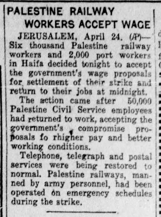 PALESTINE RAILWAY WORKERS ACCEPT WAGE &mdash; Standard Speaker, 24 April 1946