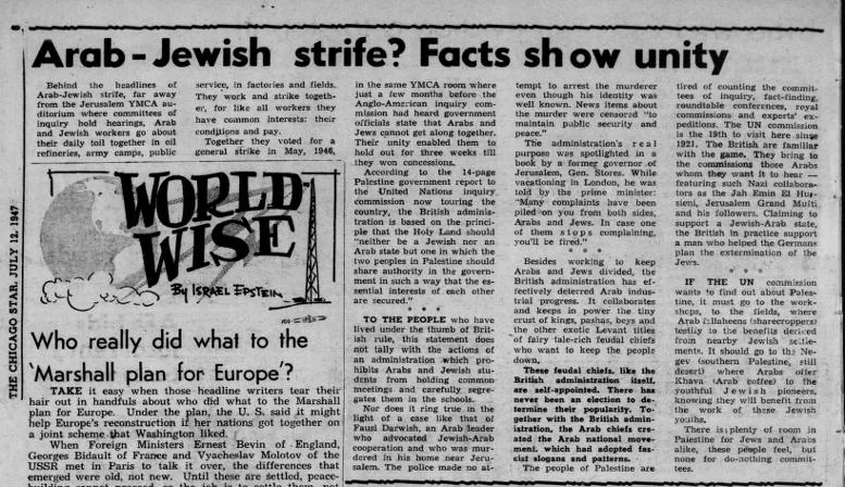 Arab-Jewish strife? Facts show unity &mdash; The Chicago Star, 12 July 1947