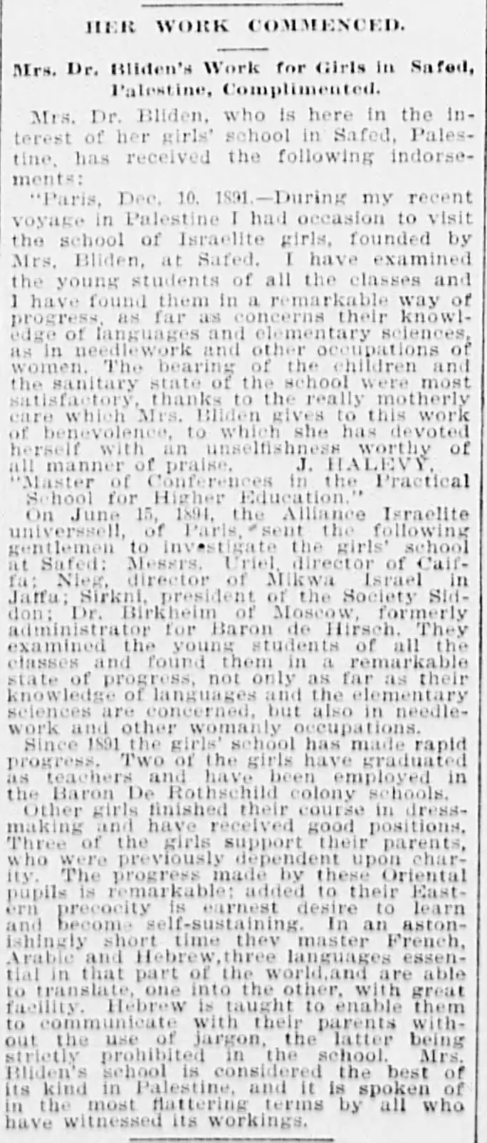 Mrs. Dr. Bliden's Work for Girls in Safed, Palestine, Complimented &mdash; Kansas City Journal, 26 August 1895