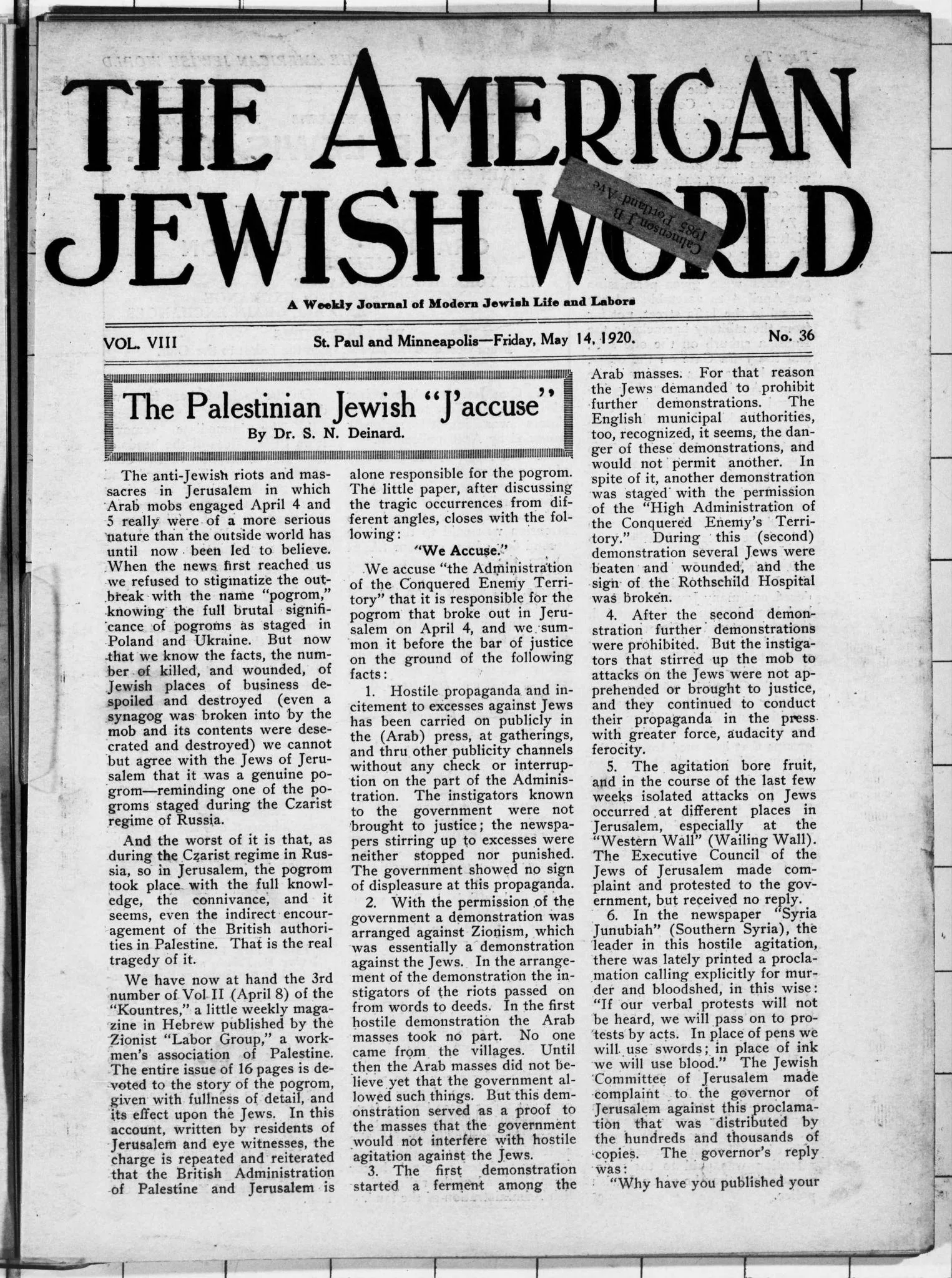 The American Jewish World &mdash; The American Jewish World, 14 May 1920