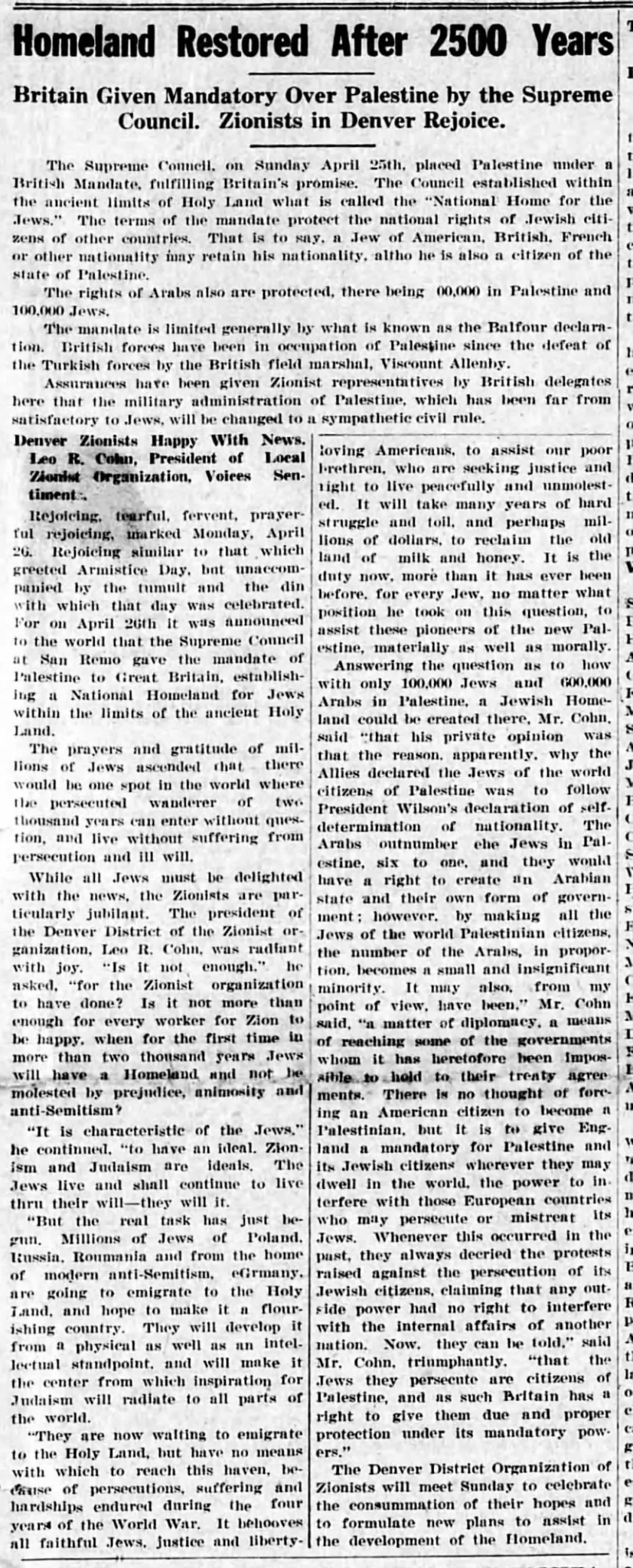 Homeland Restored After 2500 Years &mdash; Denver Jewish News, 28 April 1920