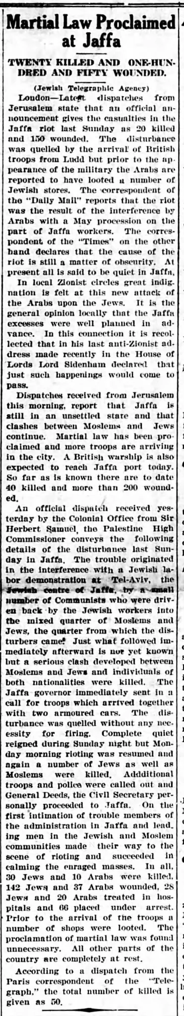 Martial Law Proclaimed at Jaffa &mdash; The Denver Jewish News, 11 May 1921