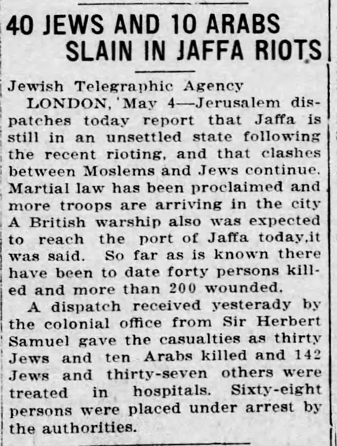 40 Jews and 10 Arabs Slain in Jaffa Riots &mdash; The Morning News, 5 May 1921