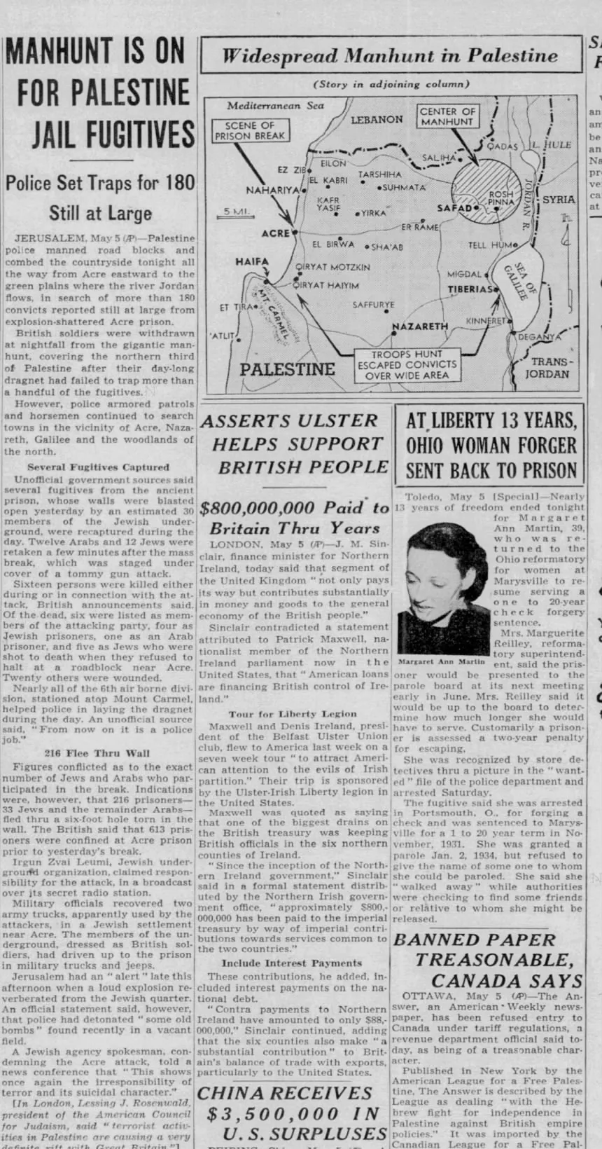 Manhunt Is On For Palestine Jail Fugitives — Chicago Tribune, 6 May 1947