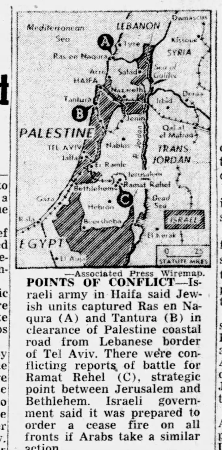 Map of the Palestine frontier &mdash; Fort Worth Start Telegram, 24 May 1948
