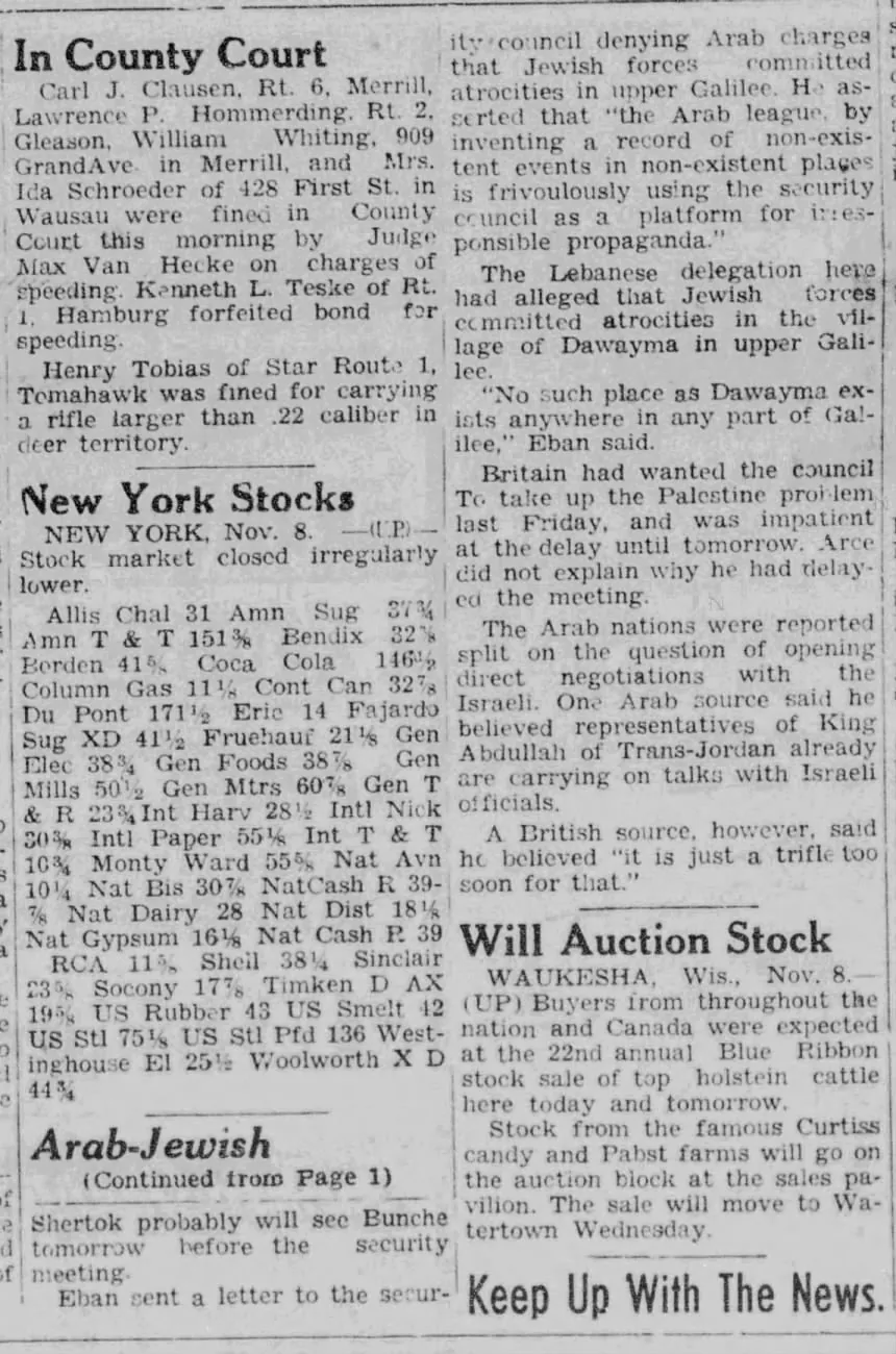 Denying Arab charges that Jewish forces committed atrocities in upper Galilee &mdash; Merrill Daily Herald, 6 November 1948