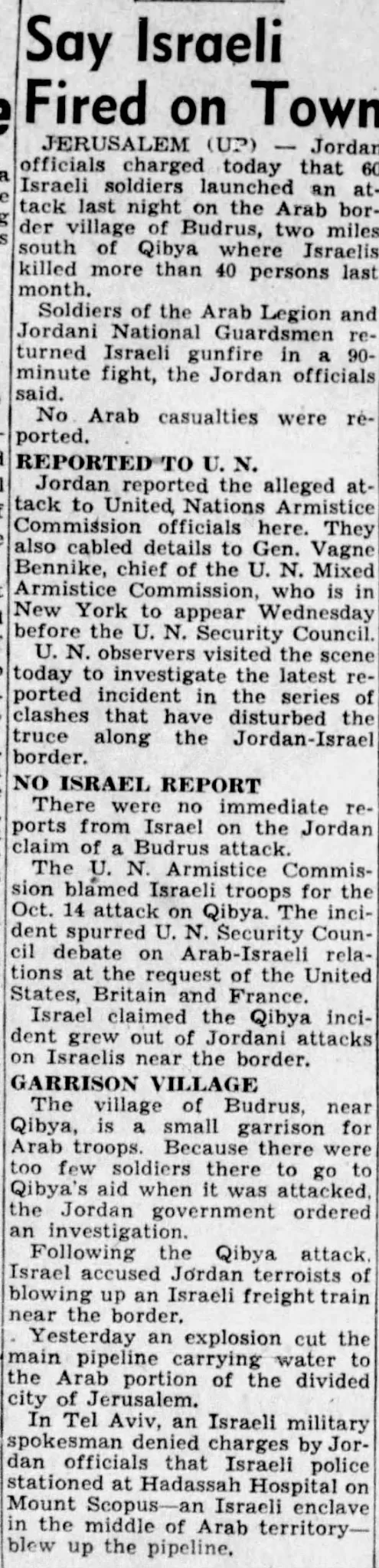 Say Israeli Fired on Town &mdash; The Jersey Journal, 3 November 1953