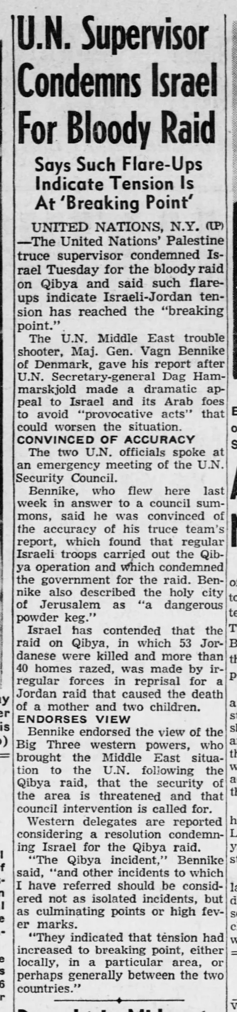 U.N. Supervisor Condemns Israel For Bloody Raid &mdash; San bernardino County Sun, 28 October 1953