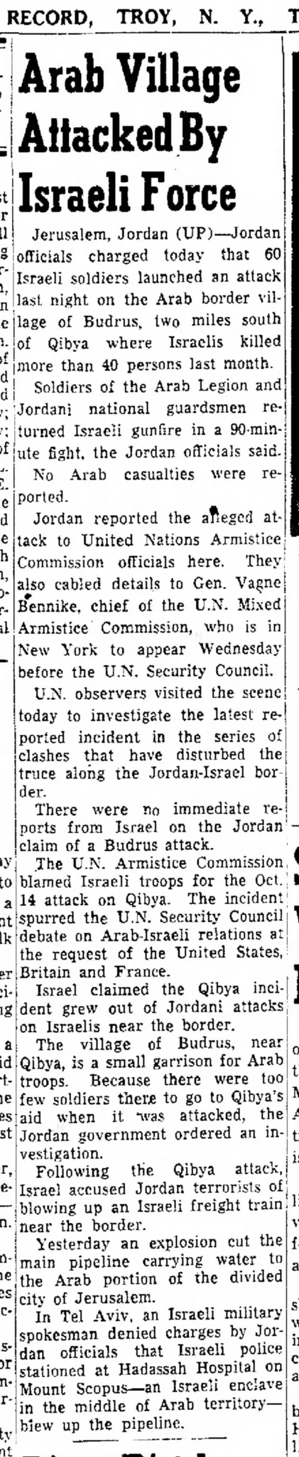 Arab Village Attacked By Israeli Force &mdash; The Troy Record, 3 November 1953