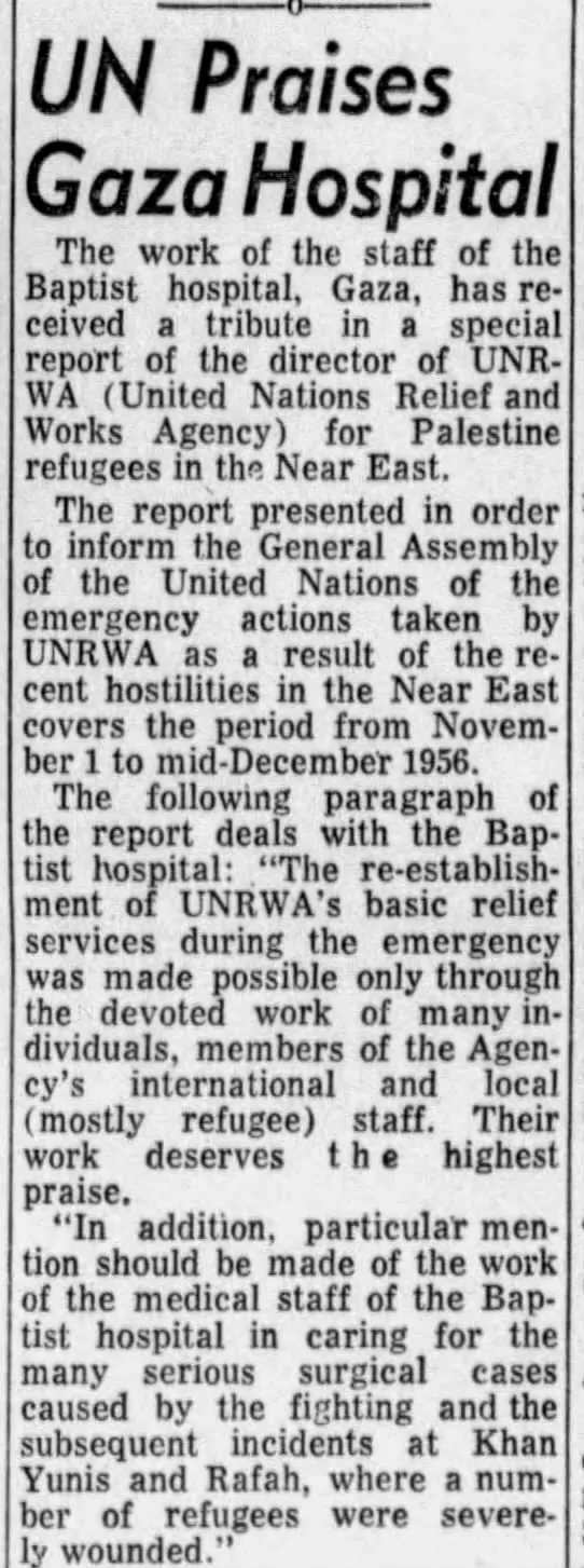 UN Praises Gaza Hospital &mdash; Oklahoma City Star, 8 February 1957