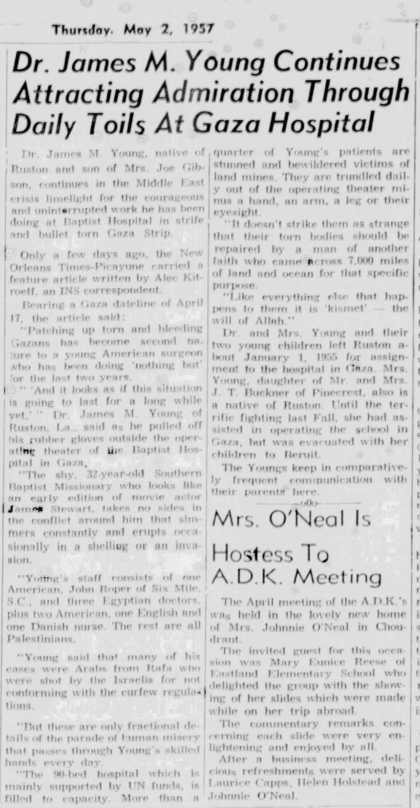 Dr. James M. Young Continues Attracting Admiration Through Daily Toils At Gaza Hospital &mdash; Ruston Leader, 2 May 1957