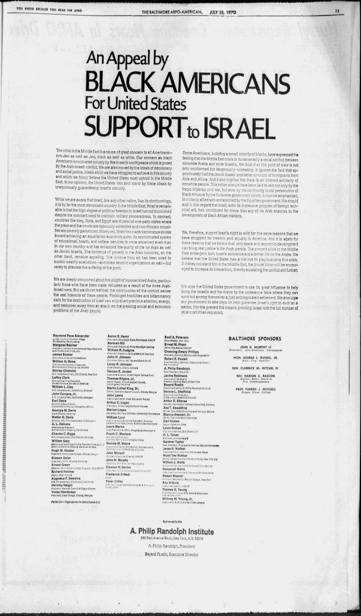 An Appeal by Black Americans For United States Support to Israel &mdash; Baltimore Afro American, 25 July 1970