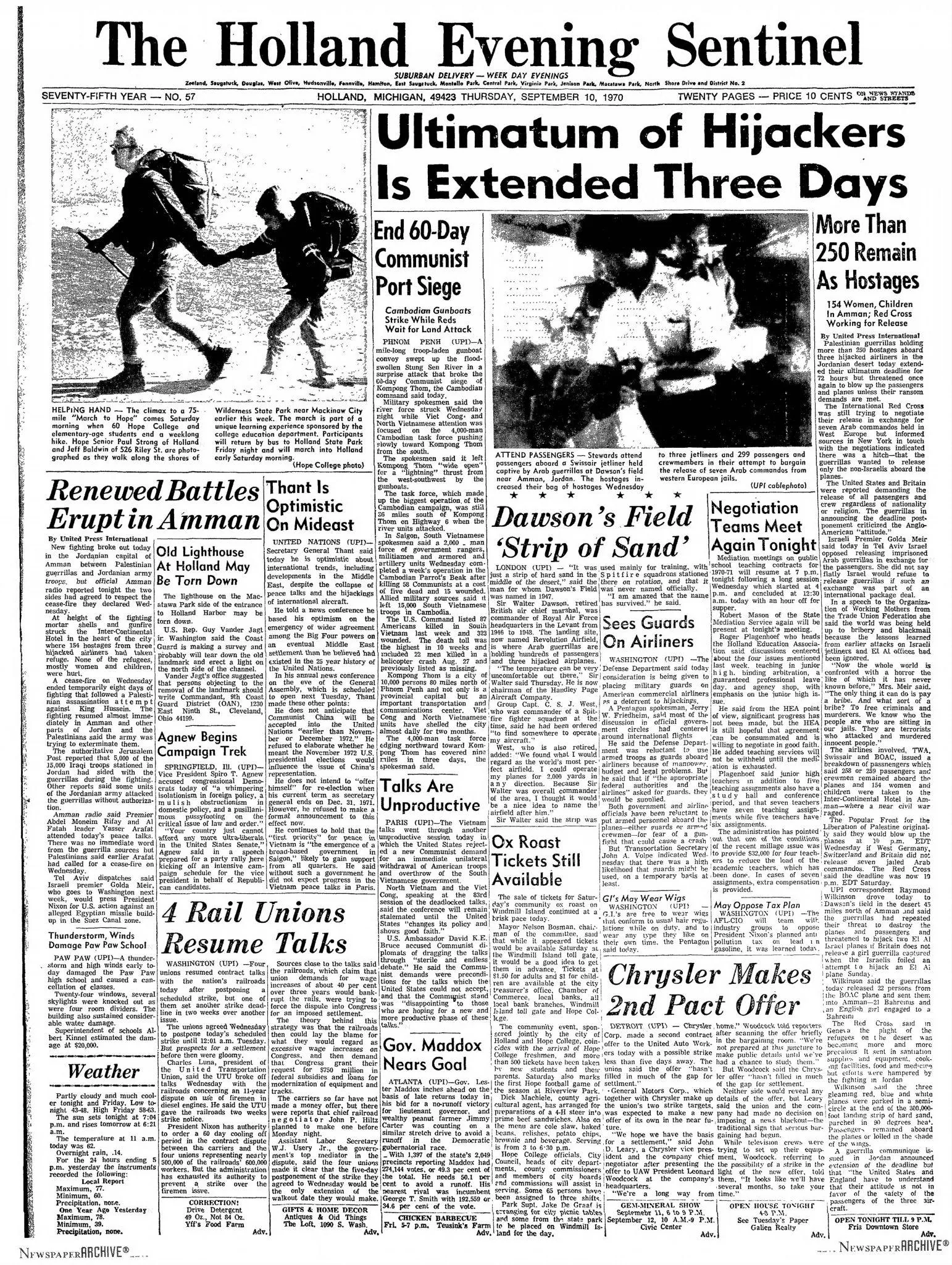 Ultimatum of Hijackers Is Extended Three Days &mdash; The Holland Evening Sentinel, 10 September 1970