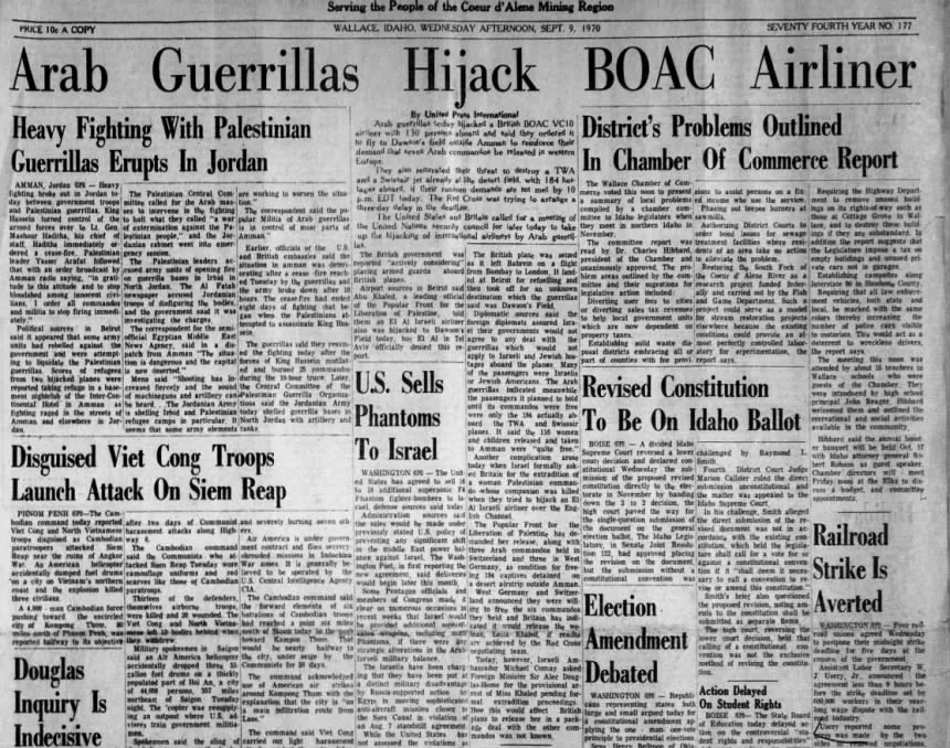 Arab Guerrillas Hijack BOAC Airliner &mdash; Shoshone News Press, 9 September 1970