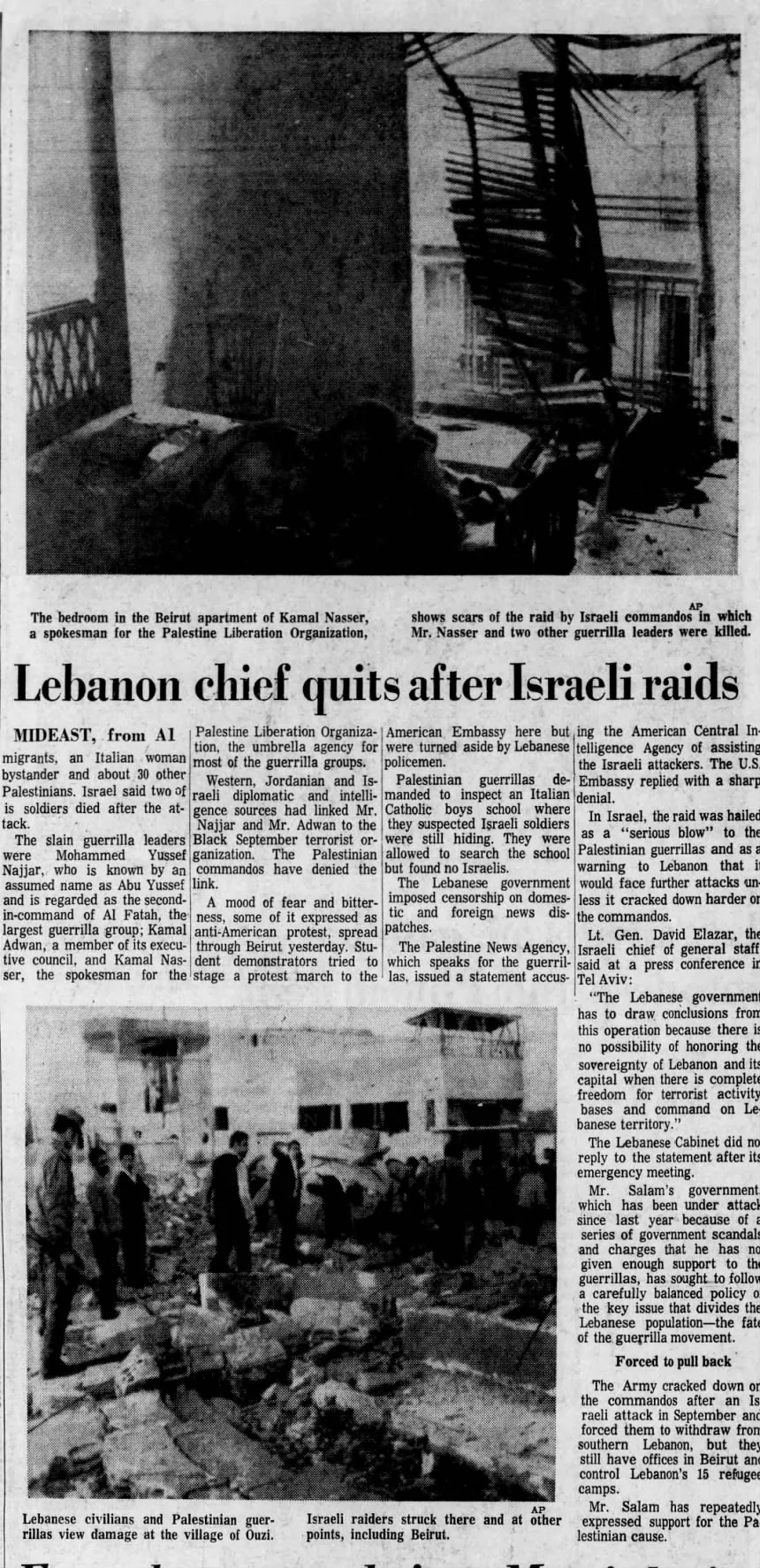 Lebanon chief quits after Israeli raids &mdash; The Baltimore Sun, 11 April 1973