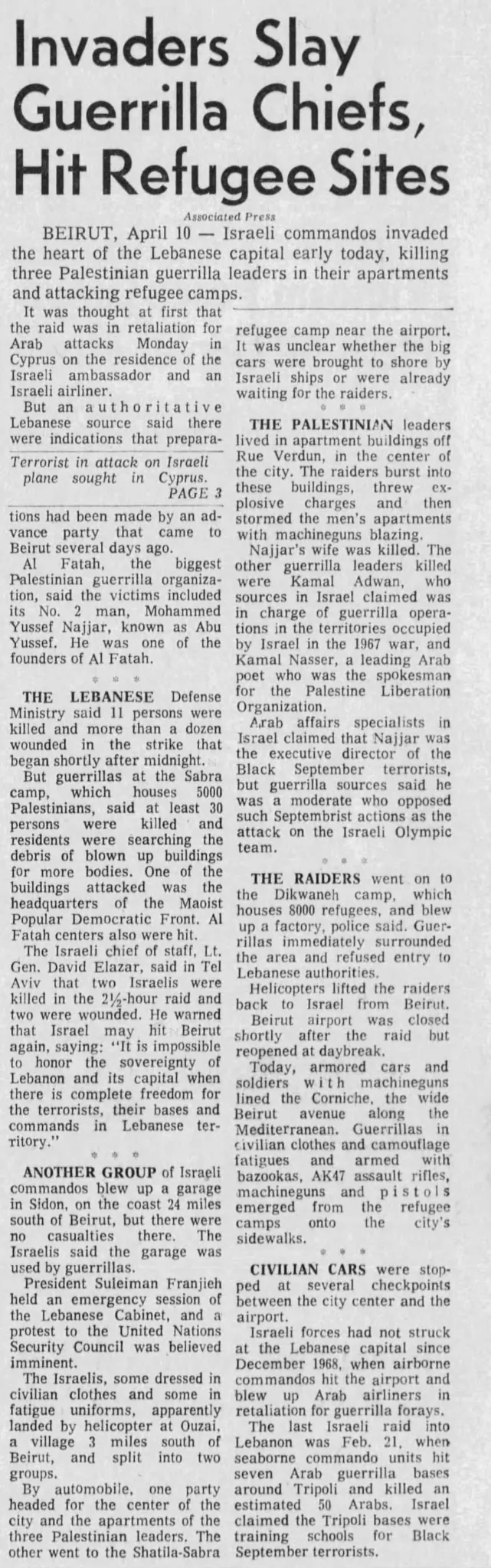 Invaders Slay Guerrilla Chiefs, Hit Refugee Sites &mdash; The Buffalo News, 10 April 1973