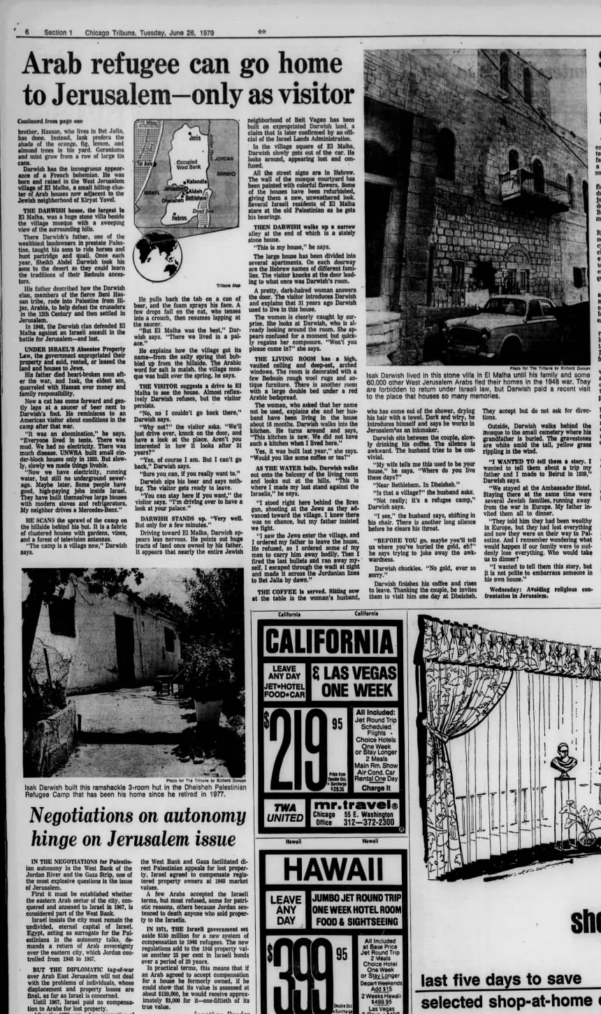 Arab refugee can go home to Jerusalem — only as visitor &mdash; Chicago Tribune, 26 June 1979