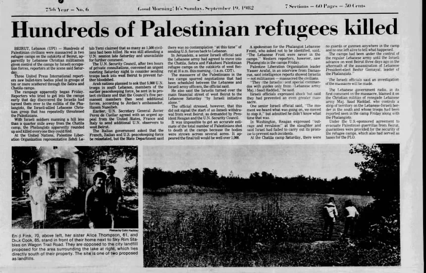 Hundreds of Palestinian refugees killed — Columbia Missourian, 19 September 1982