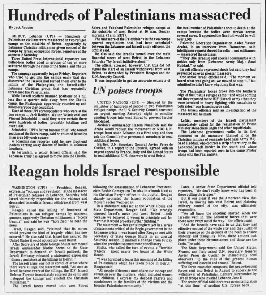 Hundreds of Palestinians massacred &mdash; The Herald Journal, 19 September 1982