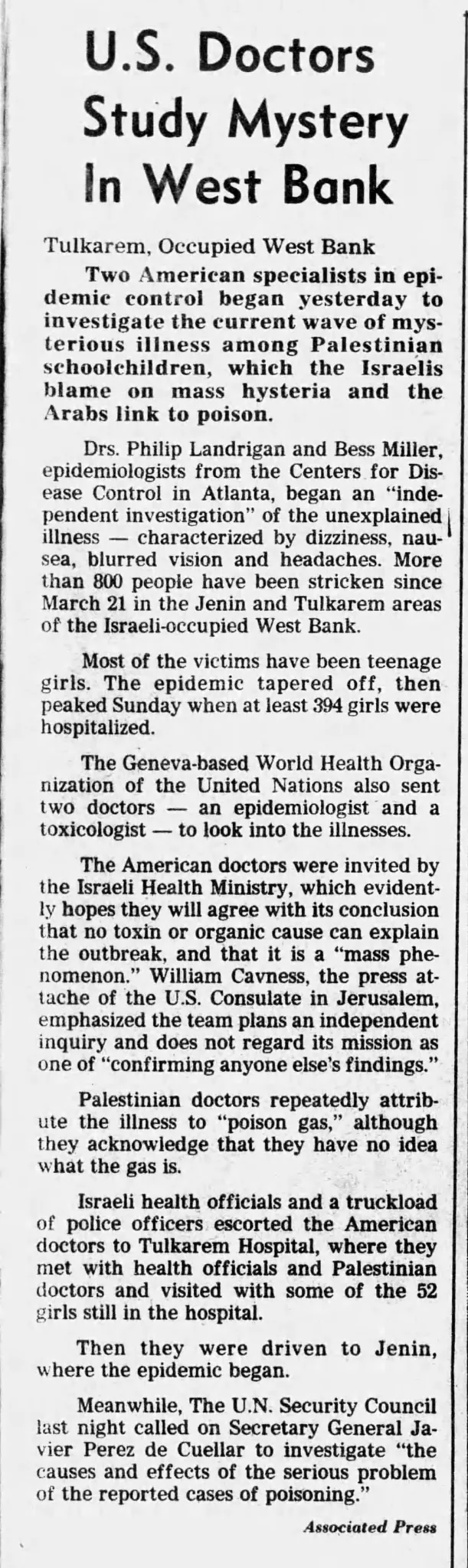 U.S. Doctors Study Mystery In West Bank &mdash; San Francisco Chronicle, 5 April 1983