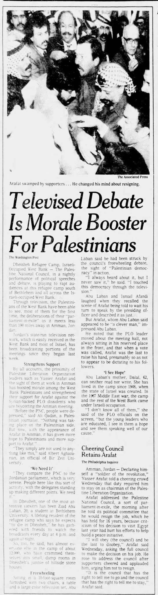 Televised Debate Is Morale Booster For Palestinians &mdash; Omaha World Herald, 29 November 1984