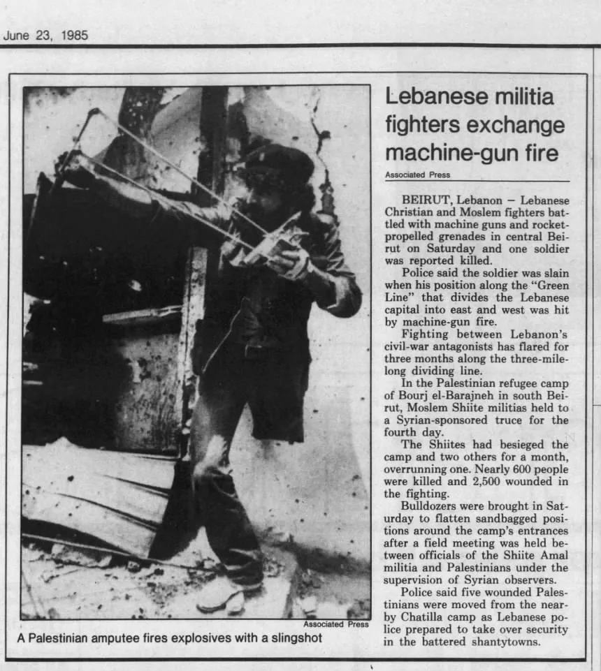 Lebanese militia fighters exchange machine-gun fire &mdash; Talahasee Democrat, 23 June 1985