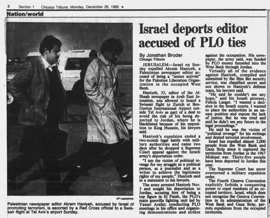 Israel deports editor accused of PLO ties &mdash; Chicago Tribune, 29 December 1986