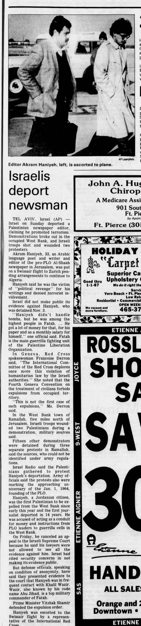 Editor Akram Haniyeh is escorted to plane &mdash; Fort Pierce Tribune, 29 December 1986