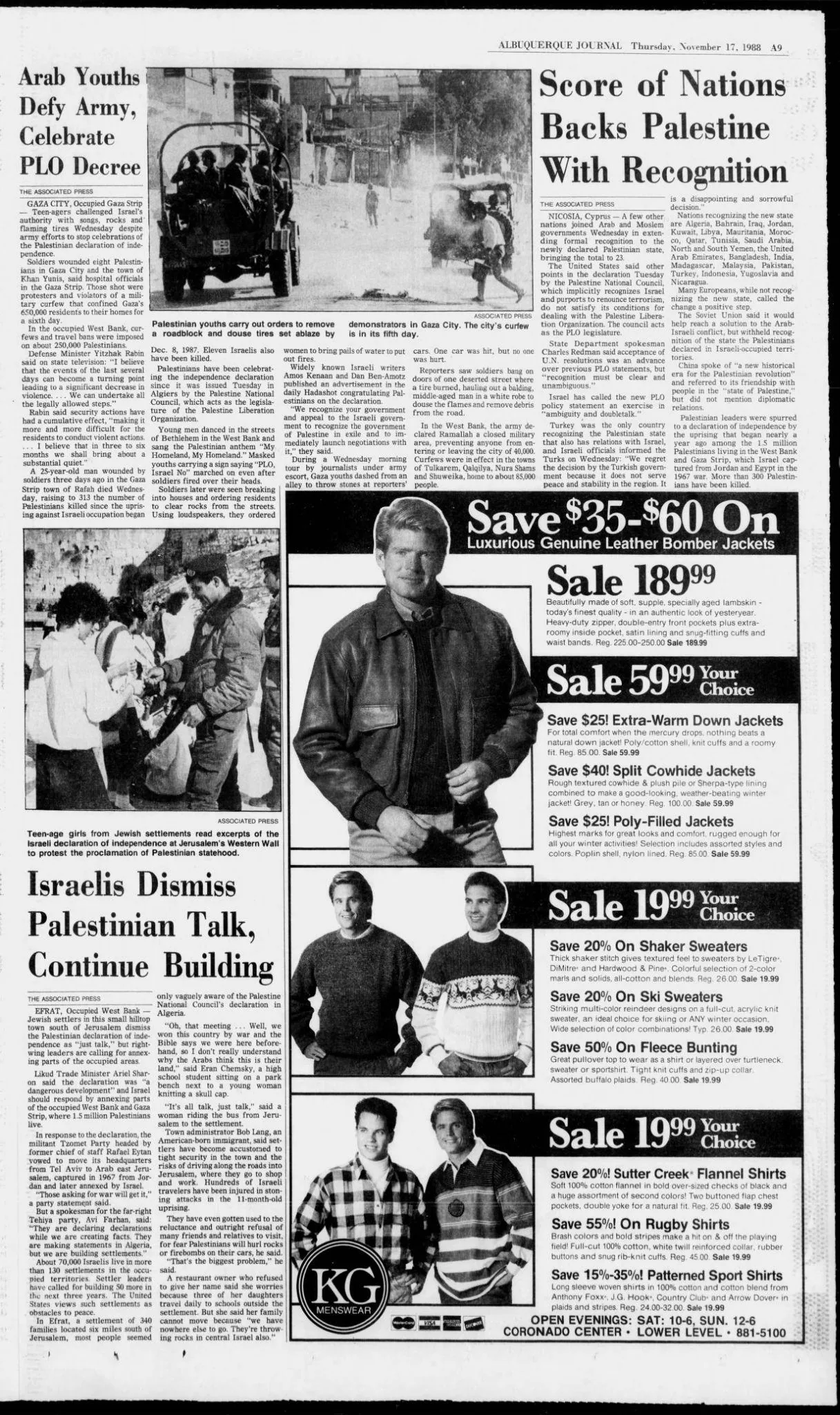 Arab Youths Defy Army, Celebrate PLO Decree &mdash; Albuquerque Journal, 17 November 1988