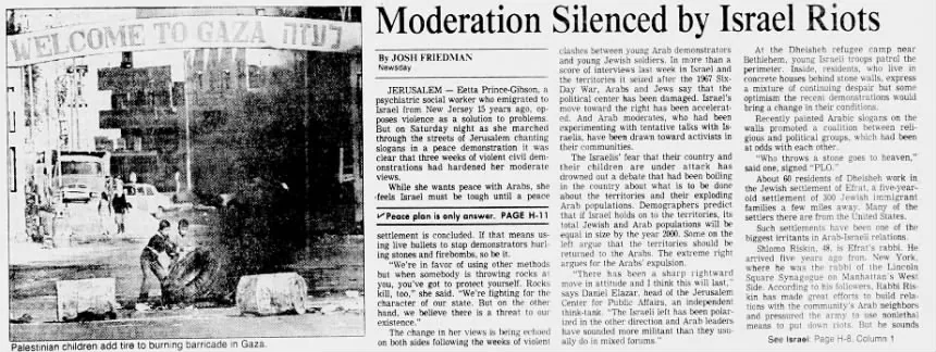 Moderation Silenced by Israel Riots &mdash; The Buffalo News, 3 January 1988