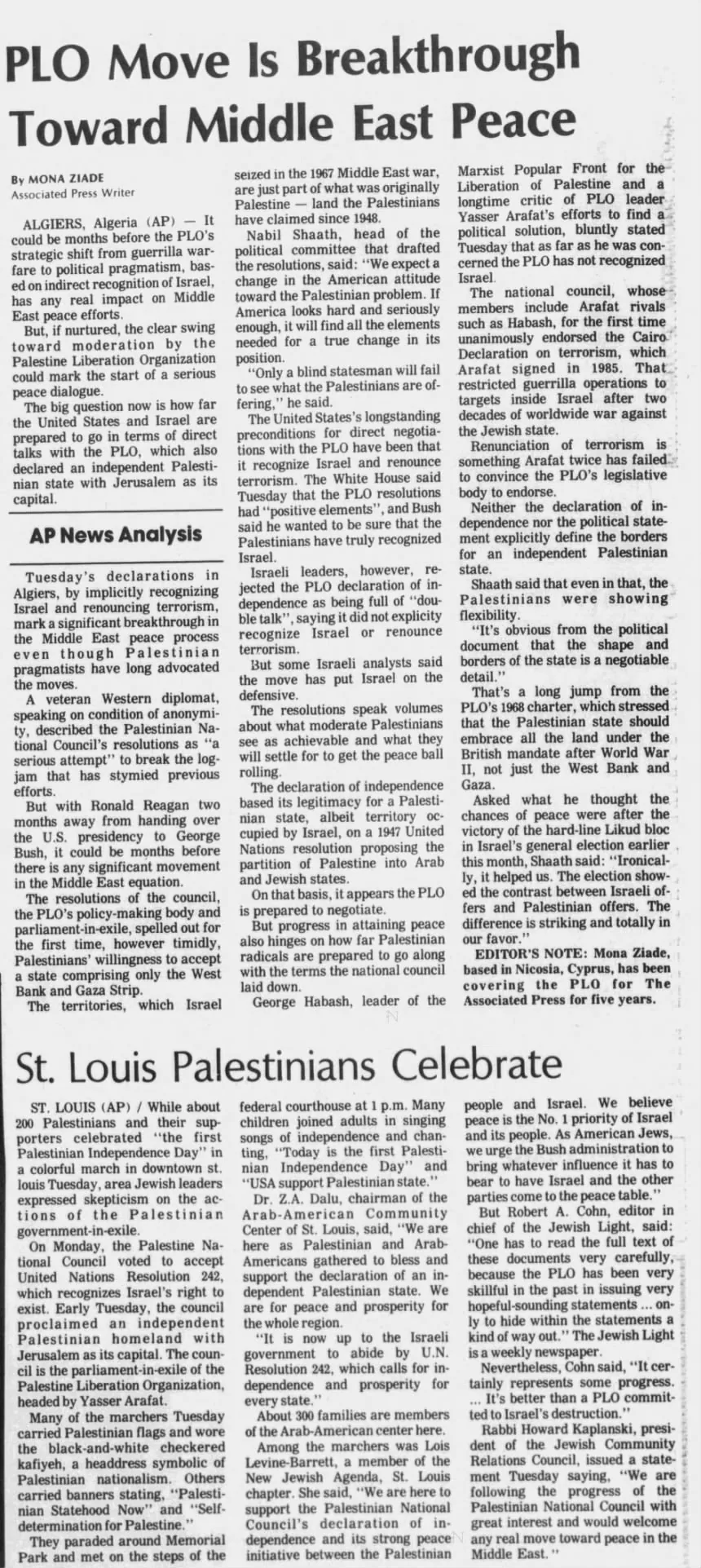 PLO Move Is Breakthrough Toward Middle East Peace &mdash; Daily American Republic, 16 November 1988