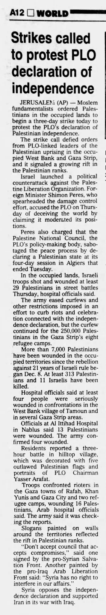 Strikes called to protest PLO declaration of independence &mdash; The Flint Journal, 18 November 1988