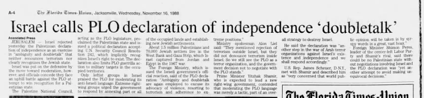 Israel calls PLO declaration of independence ‘doubletalk’ &mdash; Florida Times Union, 16 November 1988