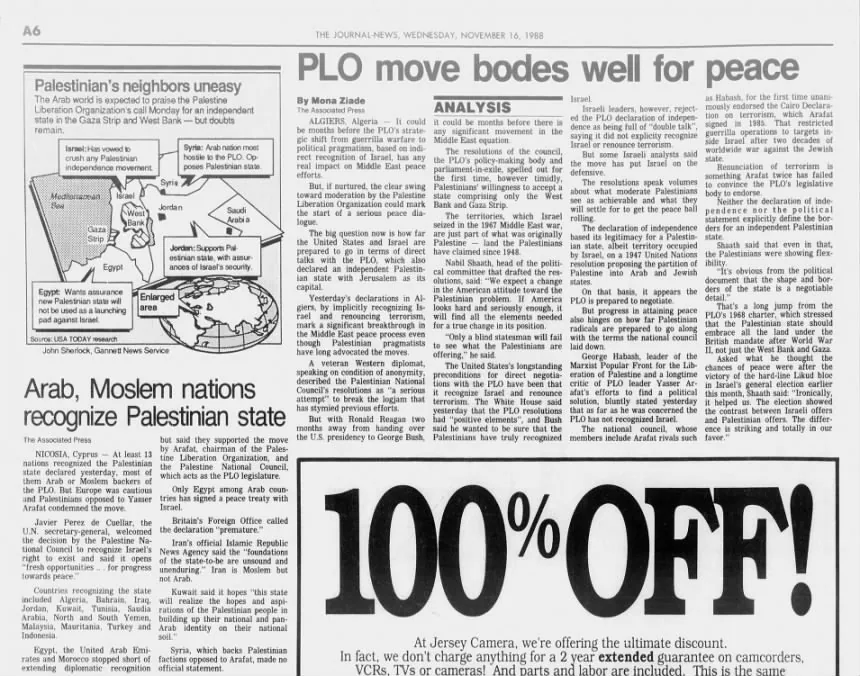 PLO move bodes well for peace &mdash; The Journal News, 16 November 1988