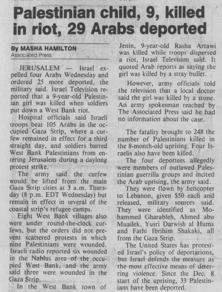 Palestinian child, 9, killed in riot, 29 Arabs deported &mdash; The Missoulian, 18 August 1988