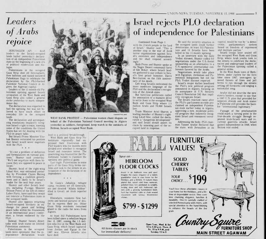 Israel rejects PLO declaration of independence for Palestinians — The Republican, 15 November 1988