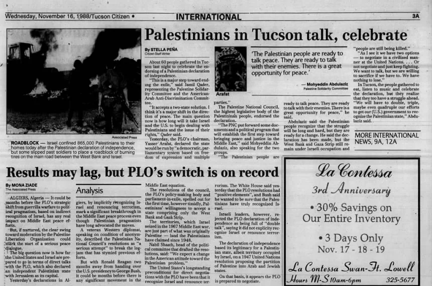 Palestinians in Tucson talk, celebrate &mdash; Tucson Citizen, 16 November 1988