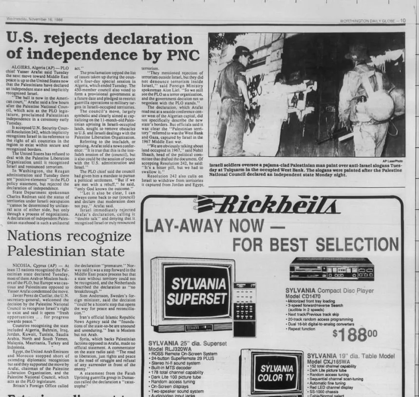 U.S. rejects declaration of independence by PNC &mdash; Worthington Daily Globe, 16 November 1988