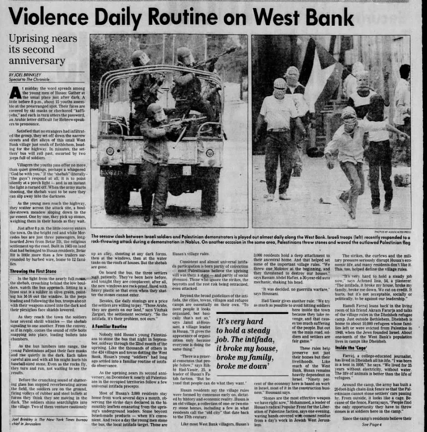 Violence Daily Routine on West Bank &mdash; San Francisco Chronicle, 1 November 1989