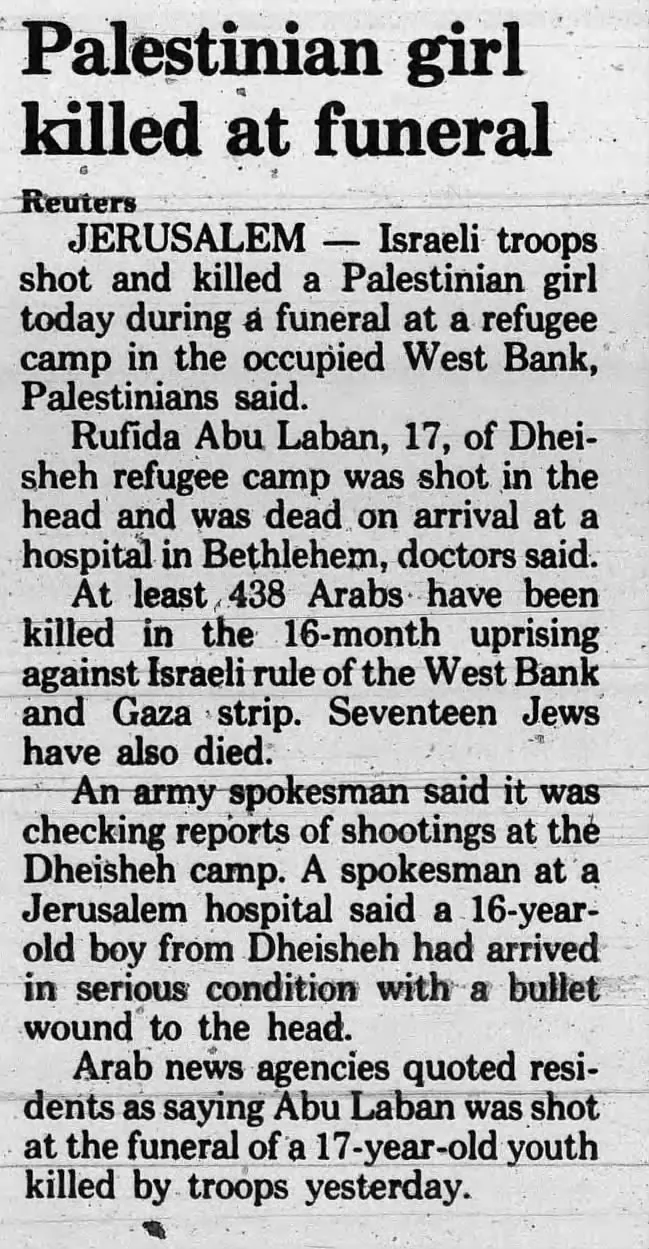 Palestinian girl killed at funeral &mdash; The Times Union, 17 April 1989